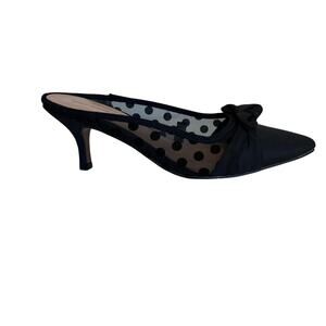 Who What Wear Black Poke A Dot Mesh Black Bow Kitten Heels Mules SZ 6.5